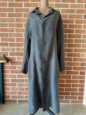 Chez Vidalenc Rare Hand Dyed Moss Green-Gray 100% Silk Women's Long Coat, Size 4